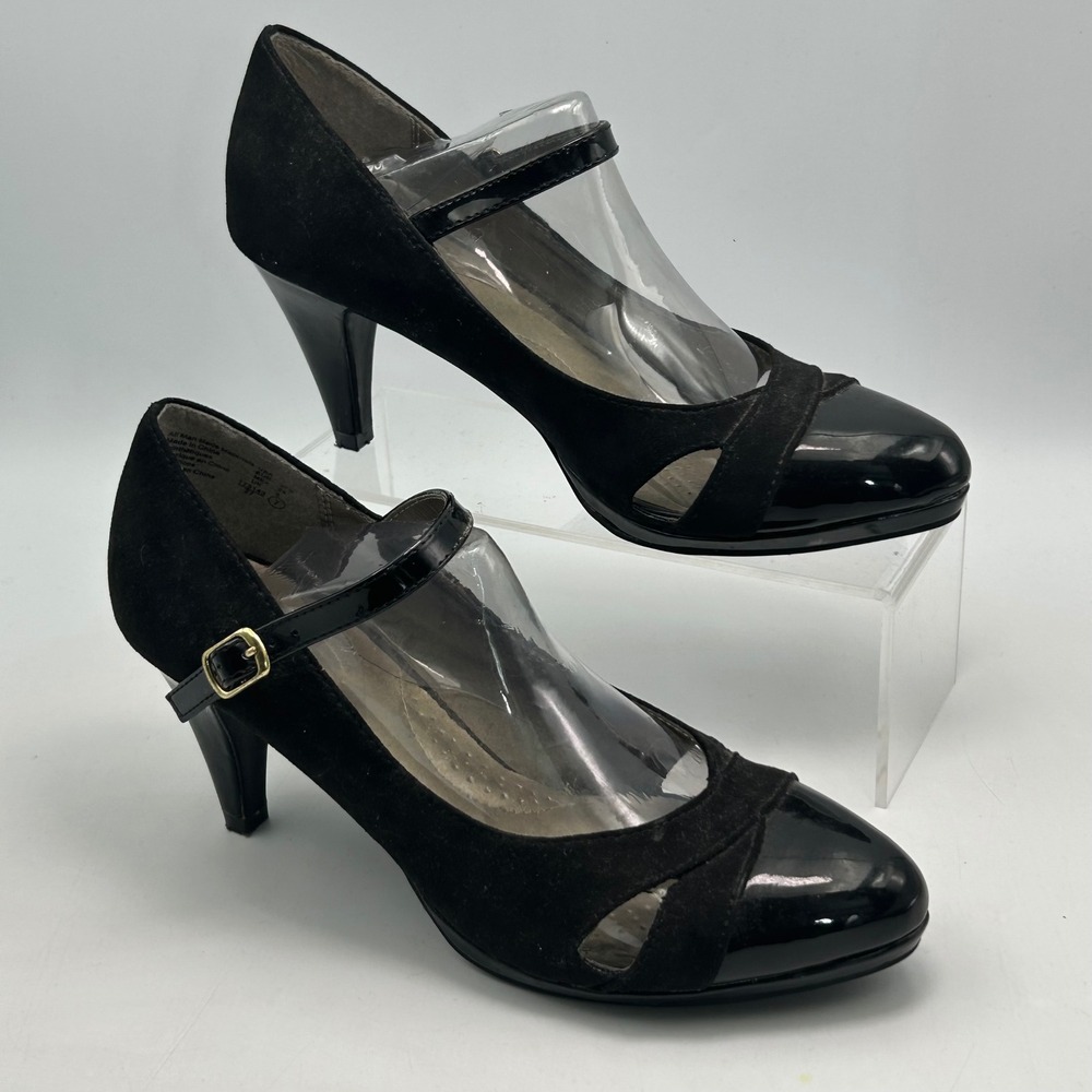 Mary Jane Pumps Womens 7 Black Patent Suede Heels Office Siren Dexflex Comfort